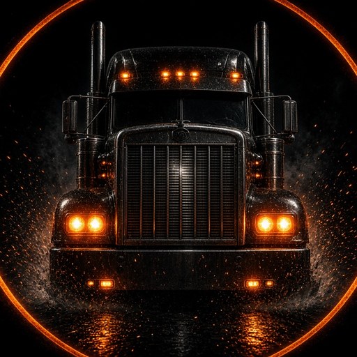 A big rig at night, amber marker lights on